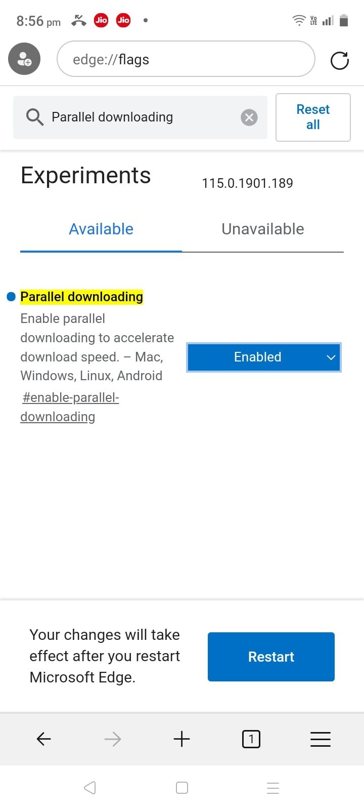 Кнопка Relaunch в Edge Android