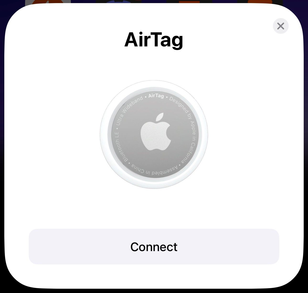 Всплывающее окно AirTag на iPhone с кнопкой «Подключить».