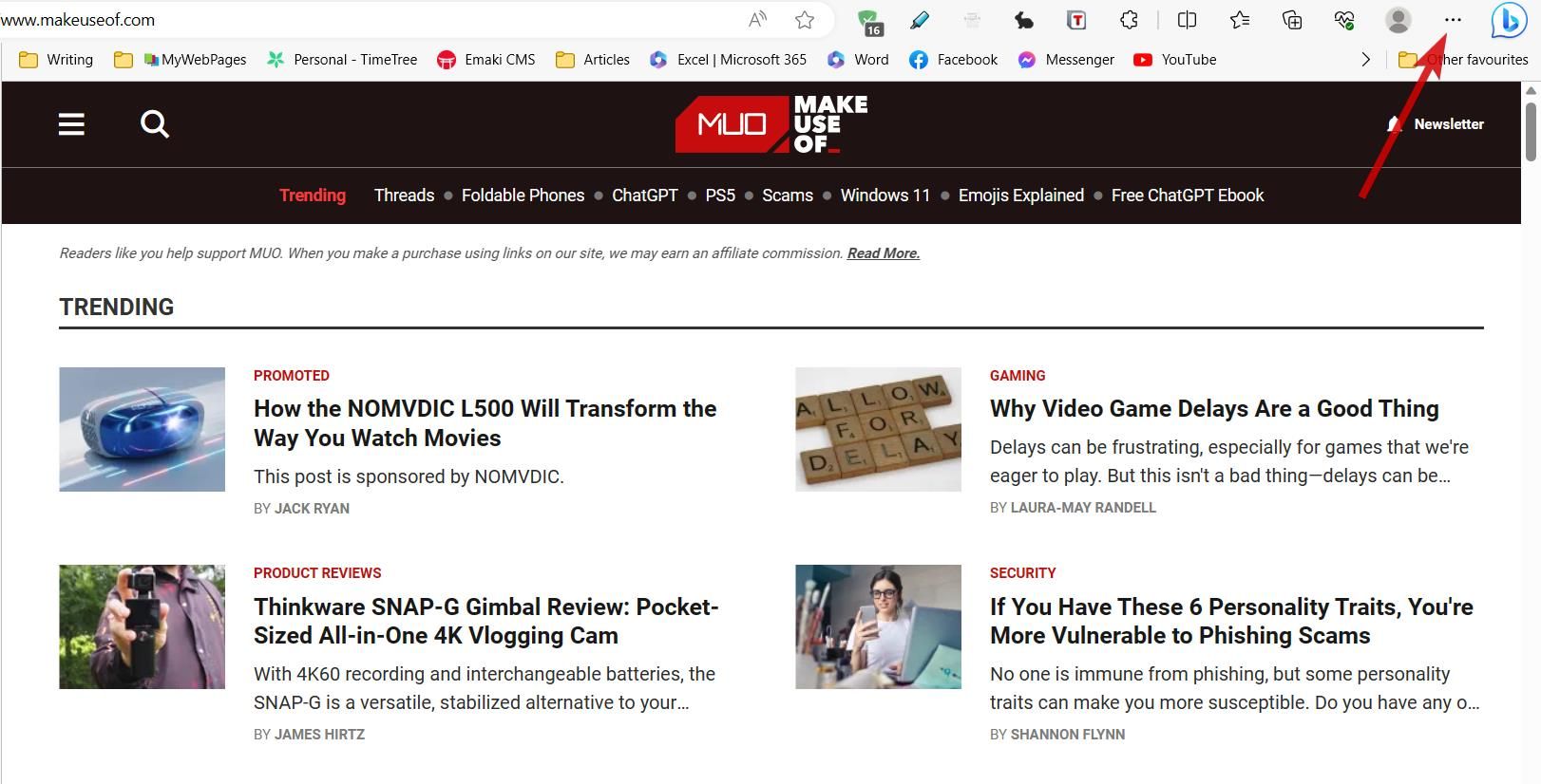 Открытие меню Edge — три точки в правом верхнем углу