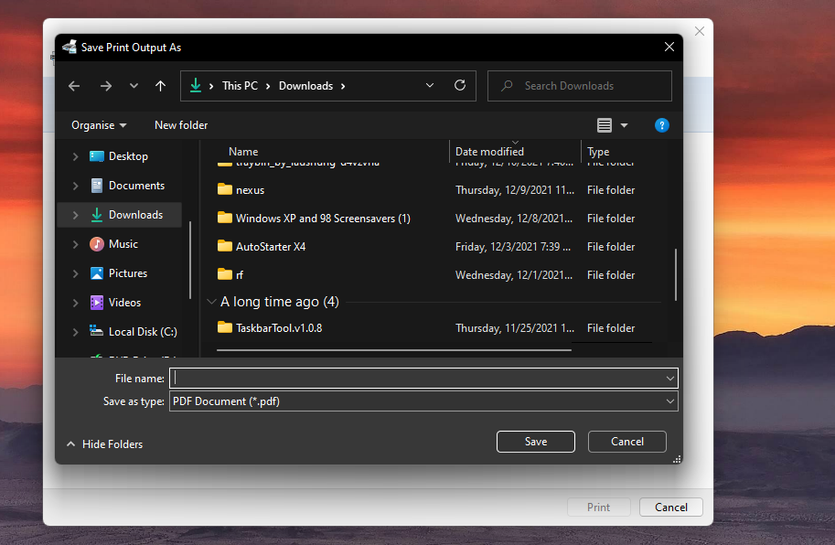 Окно сохранения выводов печати