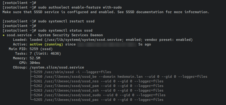 Включение with-sudo в профиле authselect и статус sssd