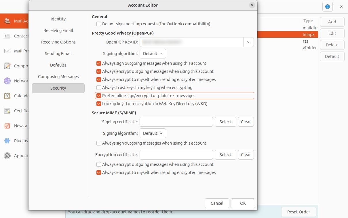 параметры OpenPGP в Evolution