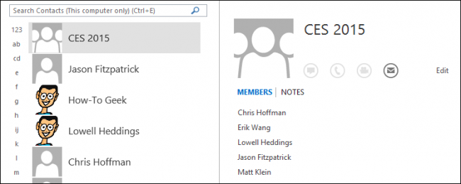 Список контактов с иконкой группы и доступными действиями