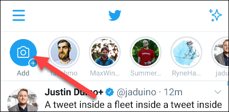 Кнопка добавления Fleet в верхней строке интерфейса Twitter