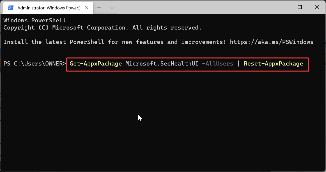 Выполнение Get-AppxPackage для сброса Windows Security