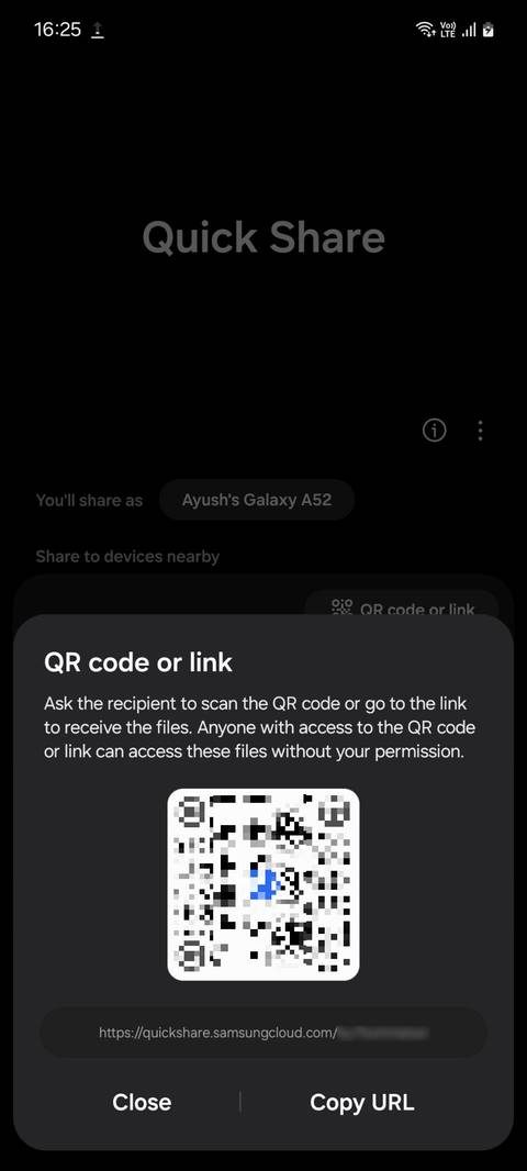 Окно с QR‑кодом и ссылкой для Quick Share