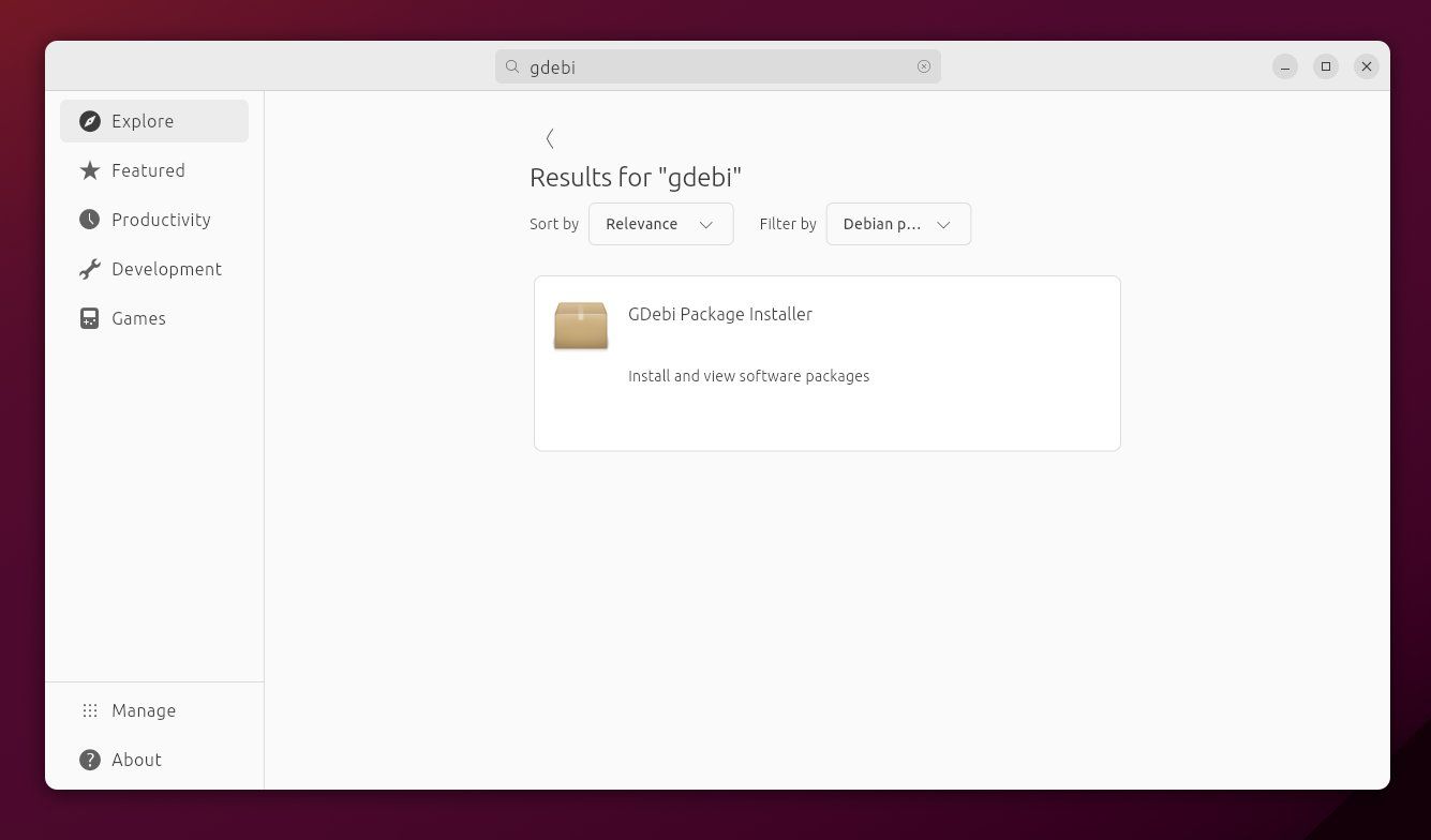 Установка GDebi через Центр приложений Ubuntu