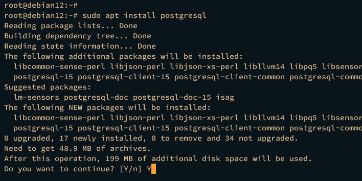 Установка пакета postgresql через apt в терминале