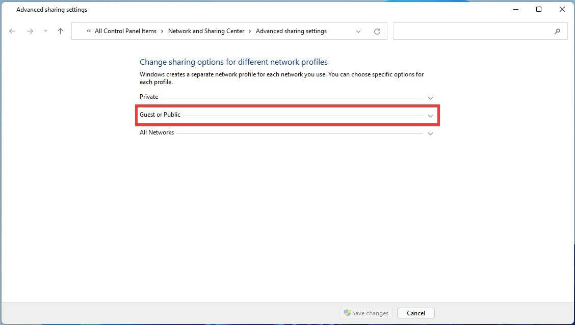 Секция Guest or Public в настройках общего доступа