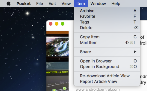 Меню Item на строке меню OS X для доступа к Pocket