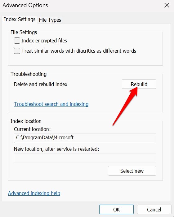 rebuild index Windows 11