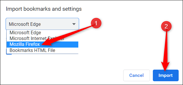 Выбор браузера для импорта закладок