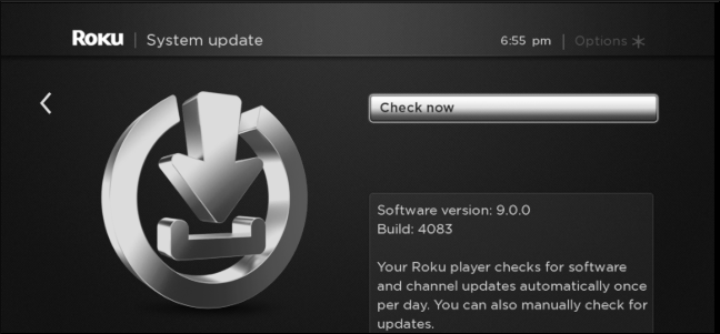 Диалог проверки обновлений Roku с кнопкой Проверить сейчас