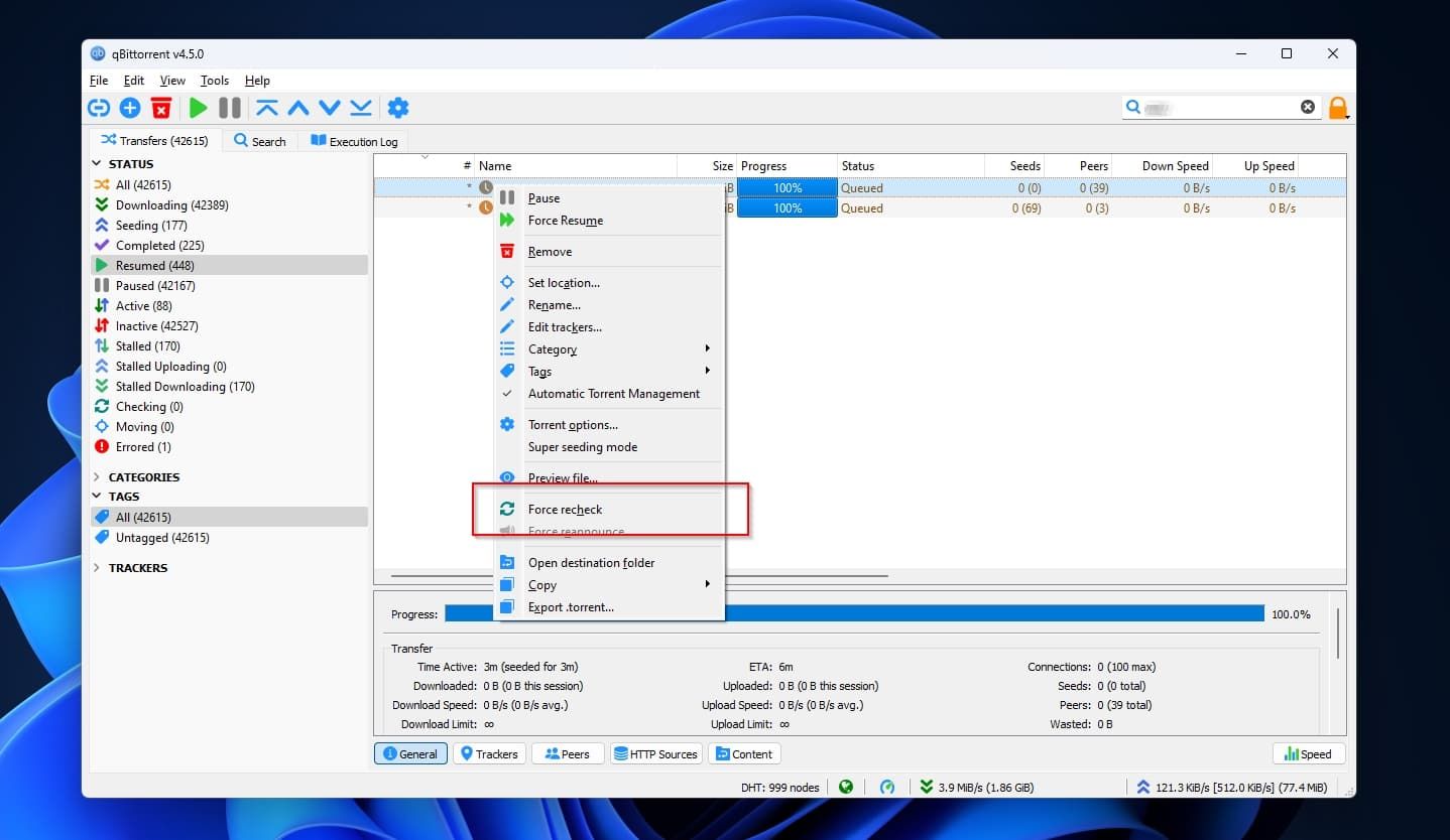 Контекстное меню qBittorrent Принудительная проверка
