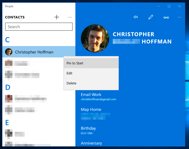 Изображение: закреплённый контакт в меню Пуск