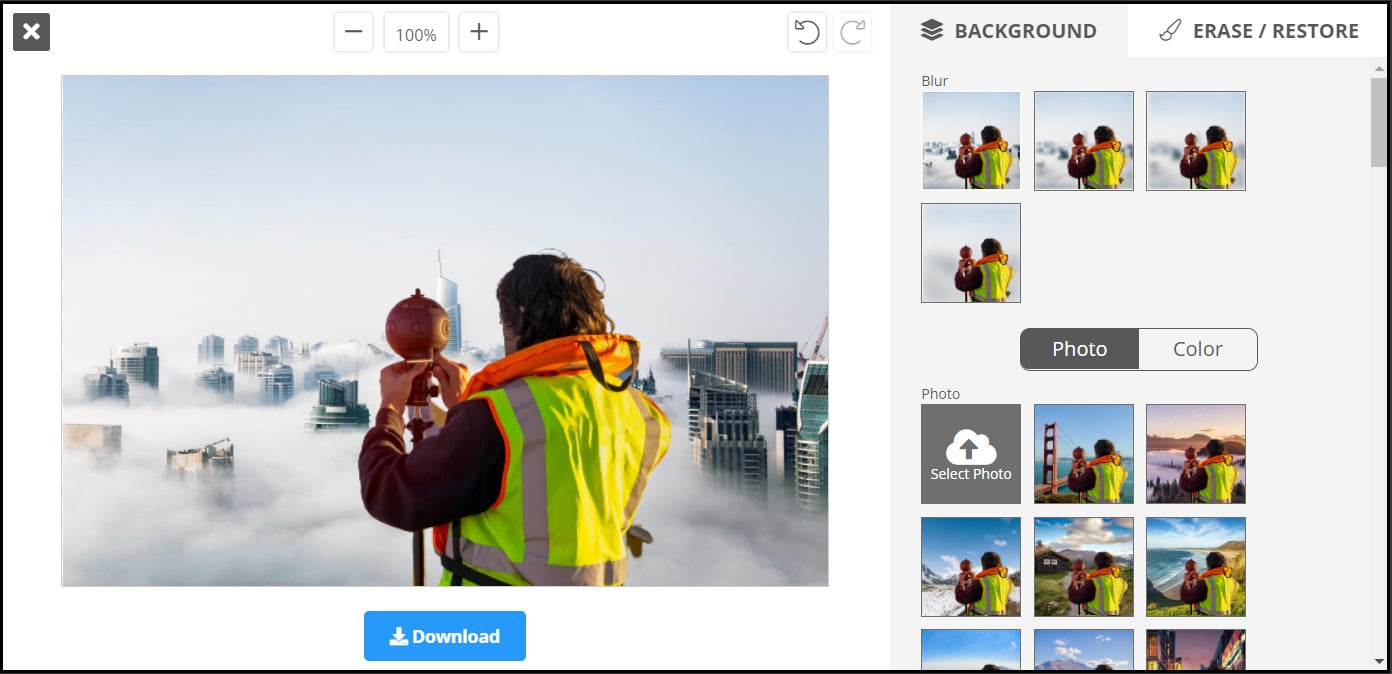 Параметры замены фона и эффекта размытия в remove.bg