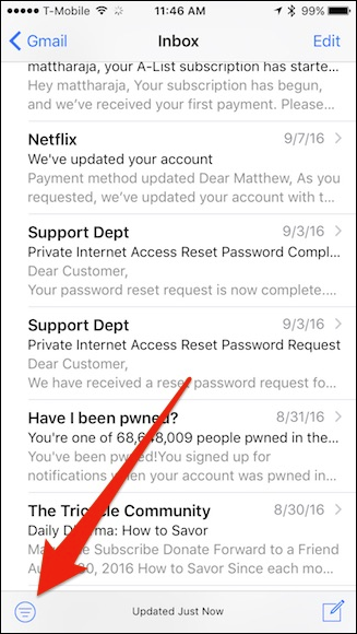 Кнопка фильтра в нижнем левом углу интерфейса Mail