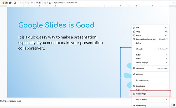 Сброс изображения к исходному состоянию в Google Slides