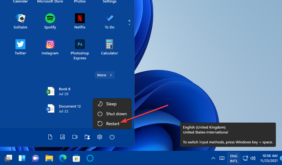 Опция перезагрузки в меню Пуск
