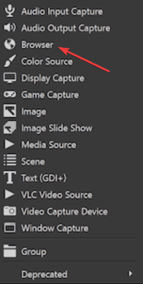 Выбор источника Browser в OBS Studio