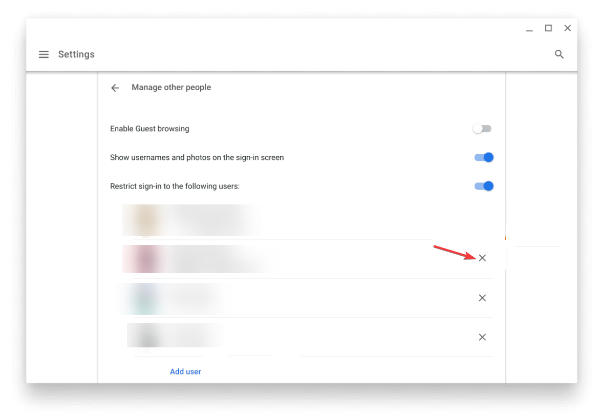 Кнопка удаления пользователя (крестик)