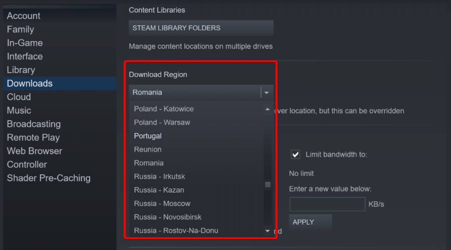Смена региона загрузок