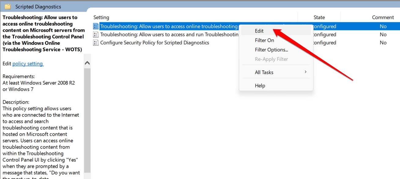 Редактирование параметра Scripted Diagnostics