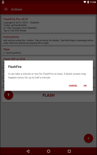 Скриншот предупреждения о загрузке FlashFire