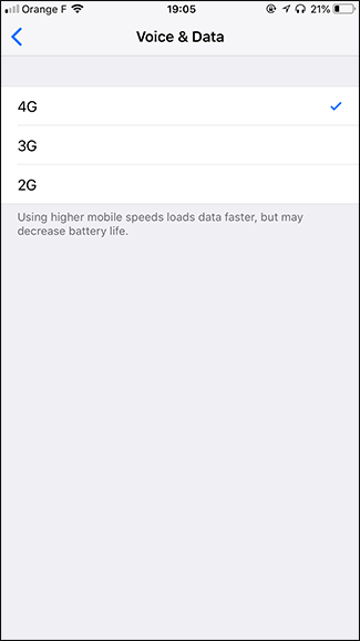 Меню 'Голос и данные' с опциями 4G/3G/2G