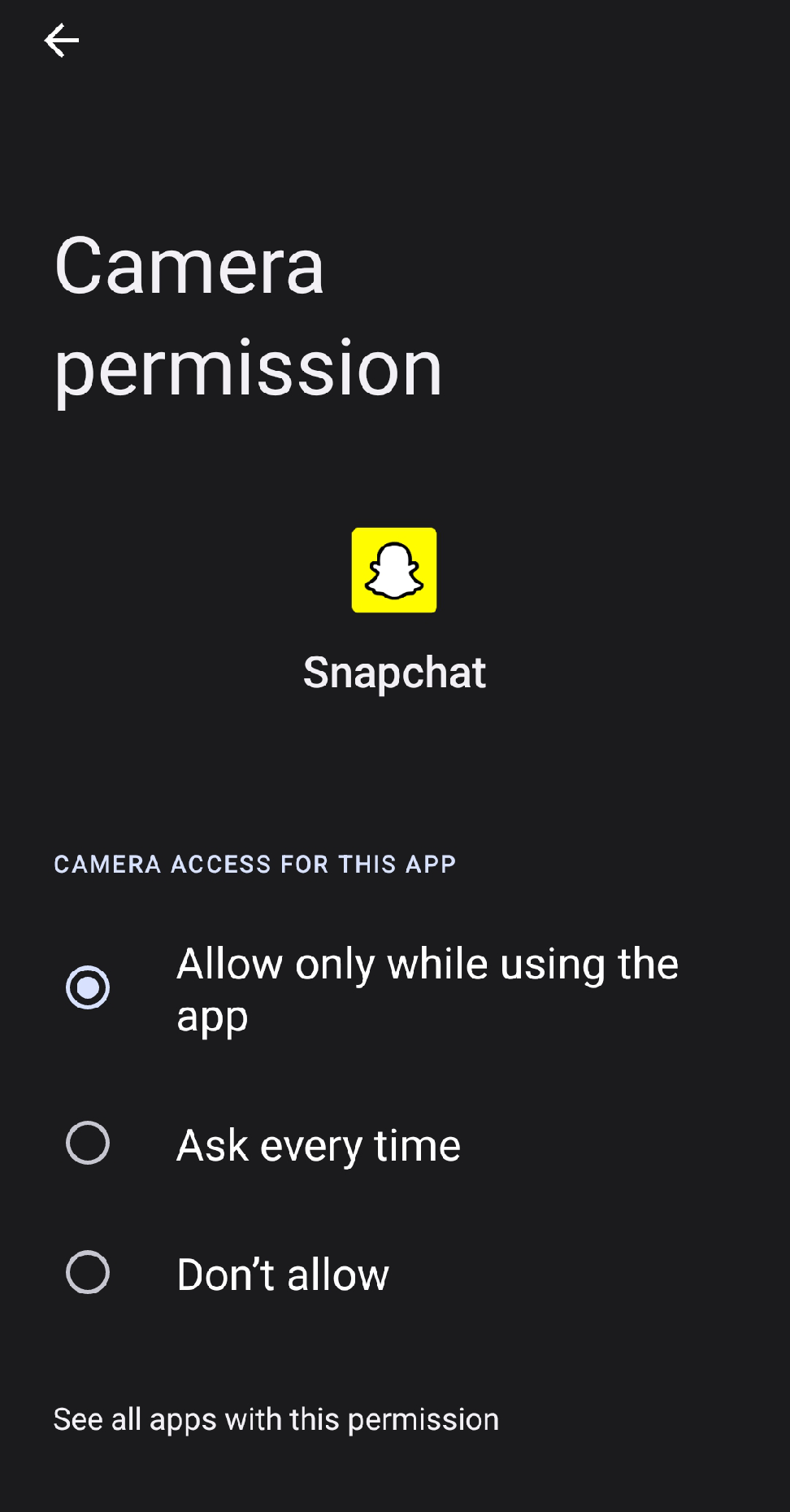 Скриншот: включение разрешения Камера для Snapchat