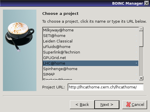 Окно выбора проекта BOINC