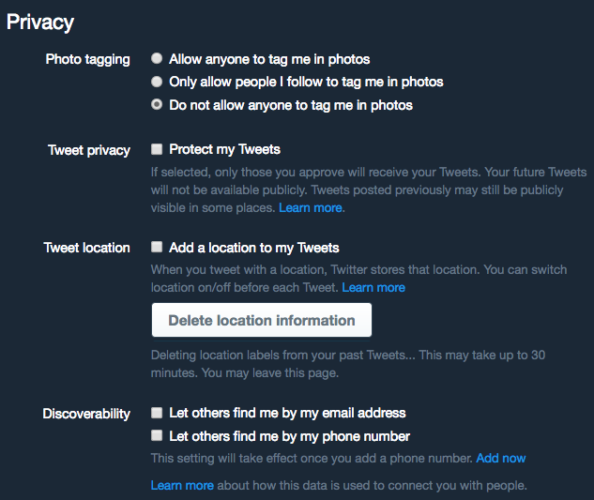 Настройки конфиденциальности Twitter на экране