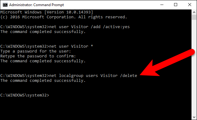 Удаление Visitor из группы users командой net localgroup users Visitor /delete
