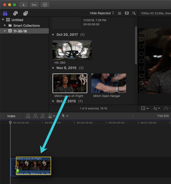 Добавление первого клипа в таймлайн перетаскиванием