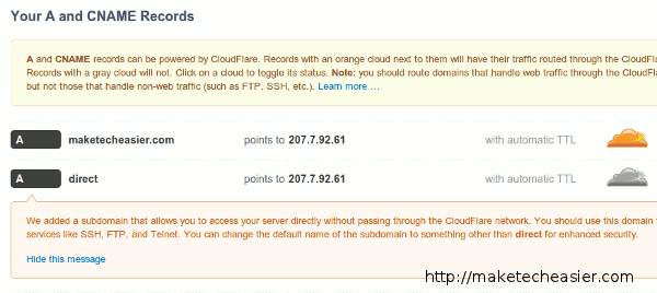 Список DNS-записей в CloudFlare