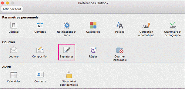 Раздел «Подписи» в настройках Outlook для macOS