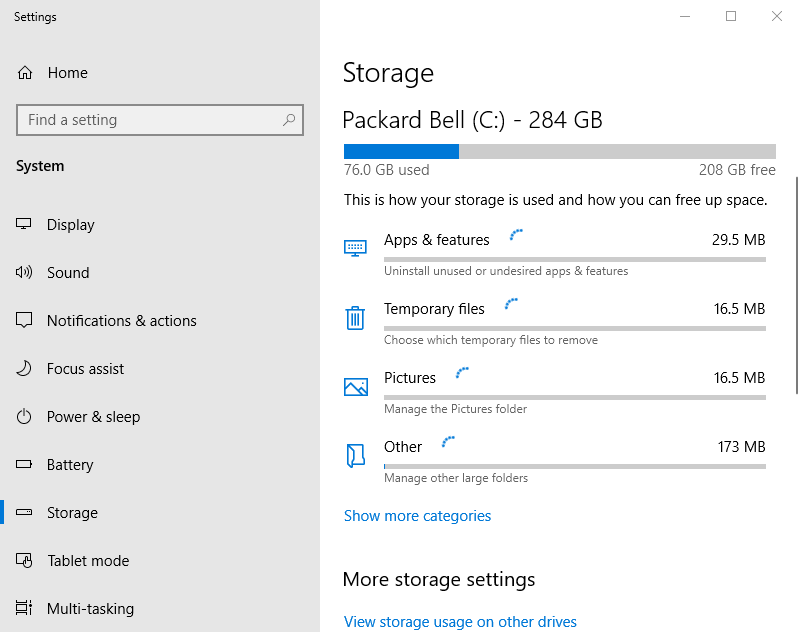 Вкладка «Хранилище» в Параметрах Windows