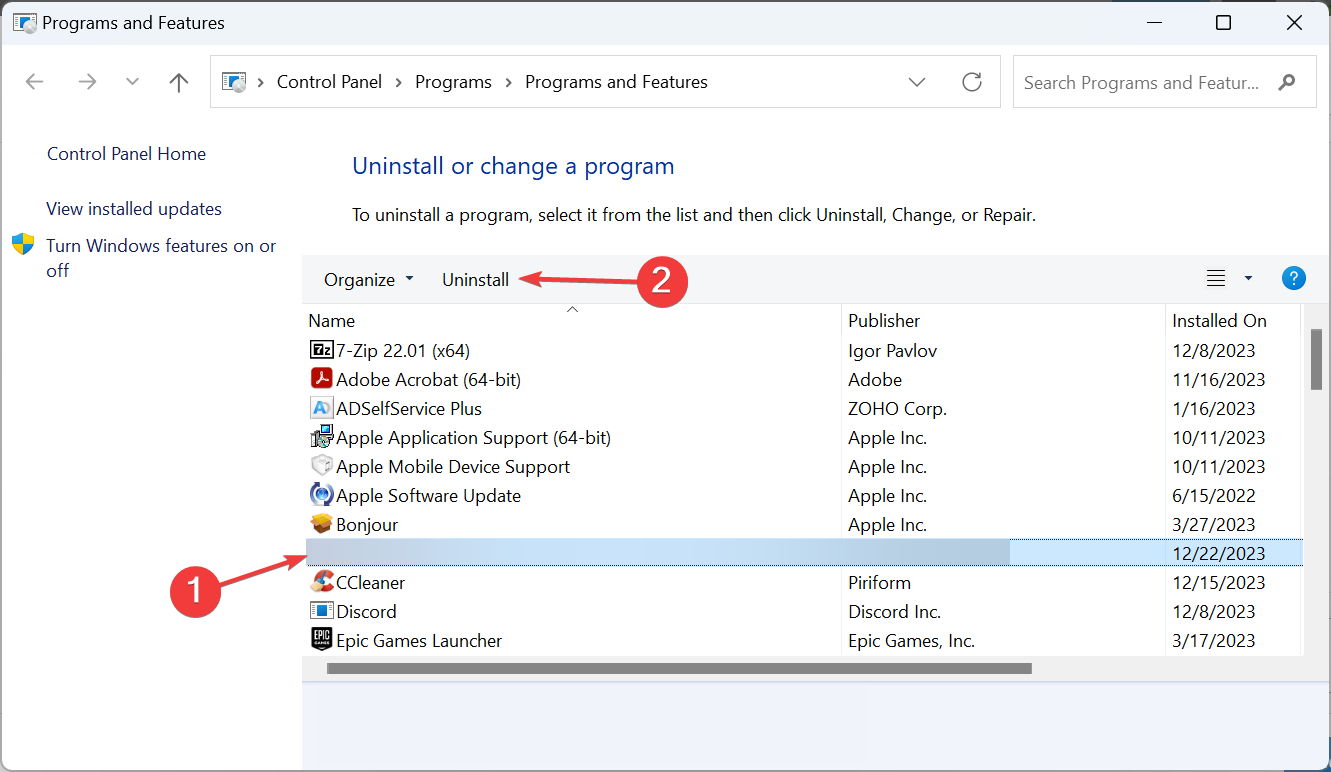 Список программ с выделенным RAV Endpoint Antivirus и кнопкой «Удалить»