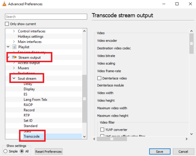 Параметры Stream Output в VLC