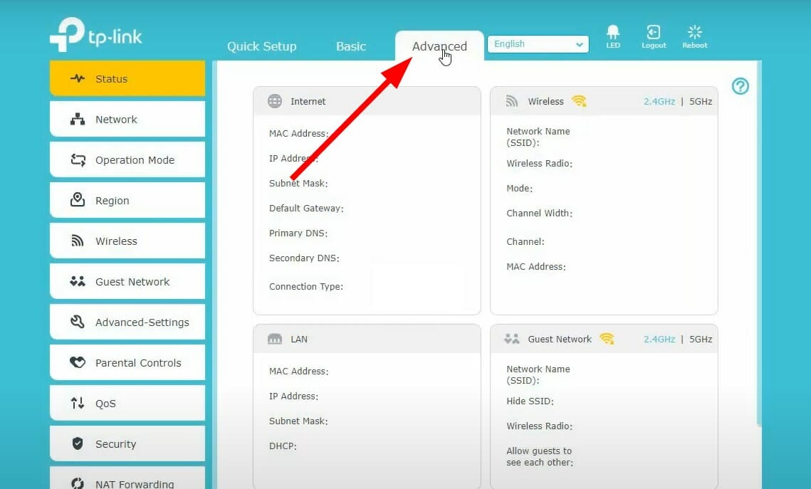 Вкладка Advanced в интерфейсе роутера