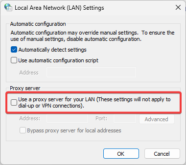 Отключение прокси в настройках LAN