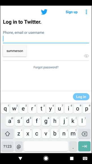 Пример автозаполнения в приложении: Google Autofill — экран входа в Twitter