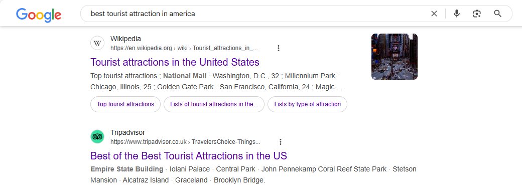 Результат поиска Google для 'best tourist attraction in America'