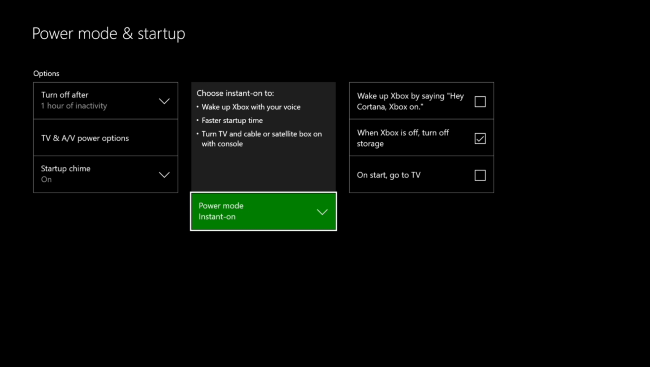 Экран выбора режима питания с опцией Instant-on выделенной