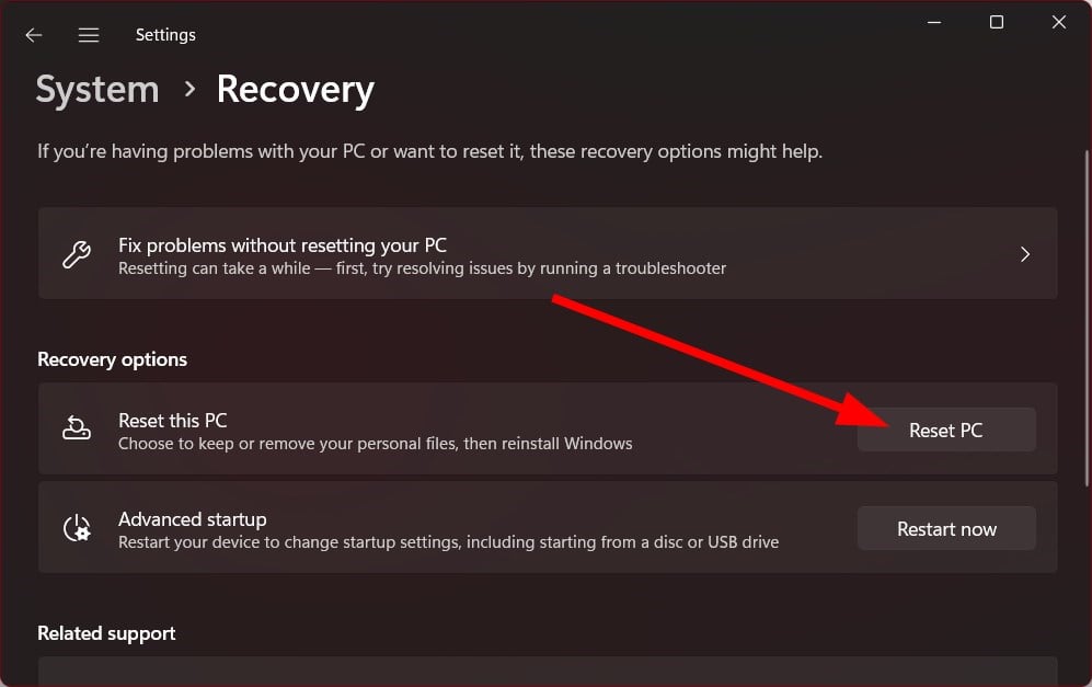 Кнопка Reset PC в Recovery