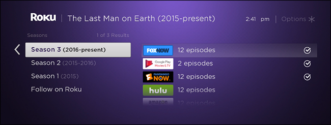 Экран поиска Roku с результатами по запросу сериала