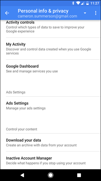 Настройки Google на Android с разделом реклама