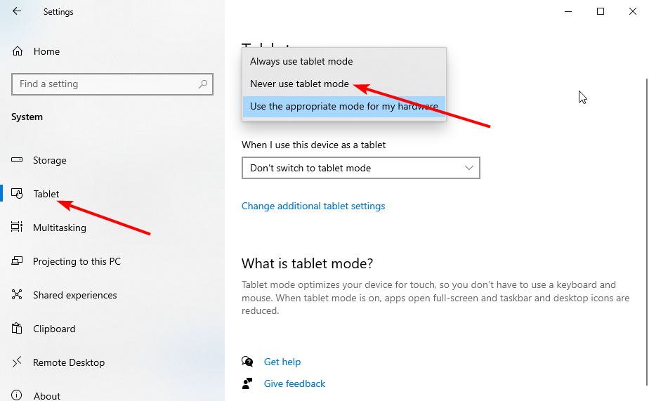 Параметры планшетного режима: Никогда не использовать