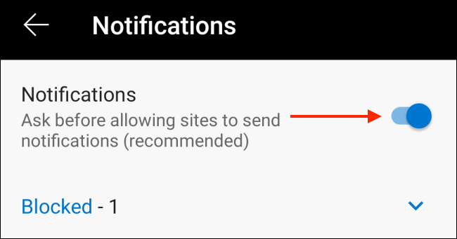 Переключатель отключения уведомлений в Edge для Android