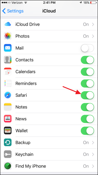 Пункт включения Safari в iCloud